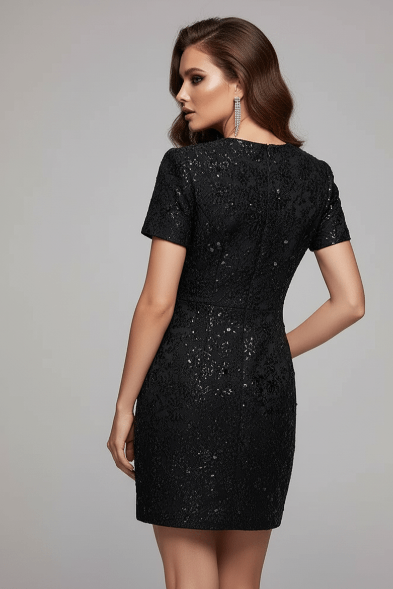 Fiorella Jacquard Beaded Mini Dress by Luxe Lane | Mini gown from Luxe Lane | SKU:  | Barcode:  | Options: Black S | Woman wearing a black dress with short sleeves and sequin details on a gray background