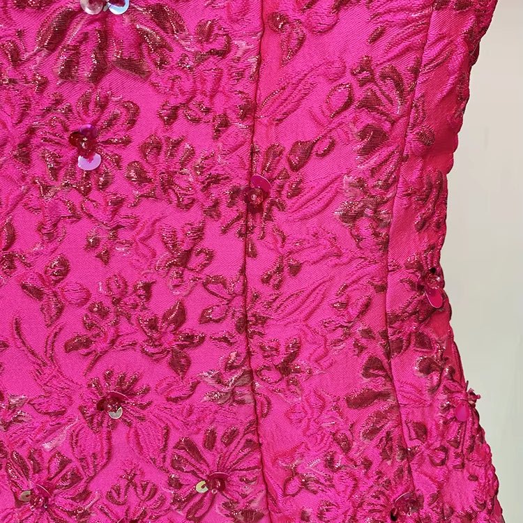 Fiorella Jacquard Beaded Mini Dress by Luxe Lane | Mini gown from Luxe Lane | SKU:  | Barcode:  | Options: Black S | Custom Elegant Womens Clothing Vestidos De Fiesta Cortos Formal Short Party Dress Floral Jacquard Luxury Evening Dresses