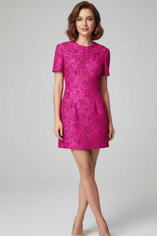 Fiorella Jacquard Beaded Mini Dress by Luxe Lane | Mini gown from Luxe Lane | SKU:  | Barcode:  | Options: Rose red S | Woman wearing a pink lace dress on a white background