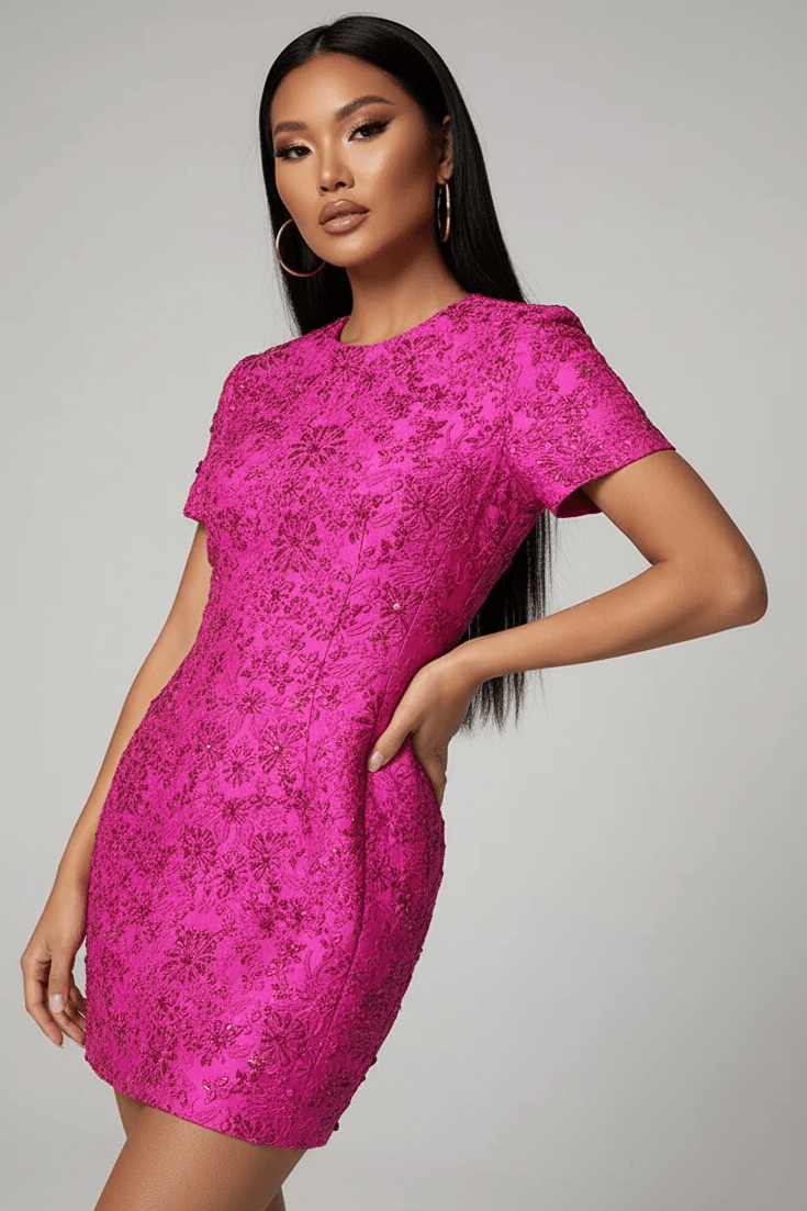Fiorella Jacquard Beaded Mini Dress by Luxe Lane | Mini gown from Luxe Lane | SKU:  | Barcode:  | Options: Rose red S | Woman wearing a bright pink lace dress against a gray background