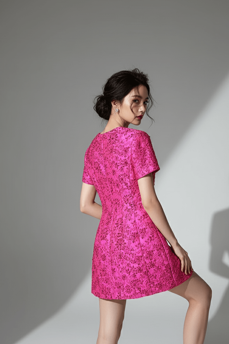 Fiorella Jacquard Beaded Mini Dress by Luxe Lane | Mini gown from Luxe Lane | SKU:  | Barcode:  | Options: Rose red S | Woman wearing a pink dress against a gray background