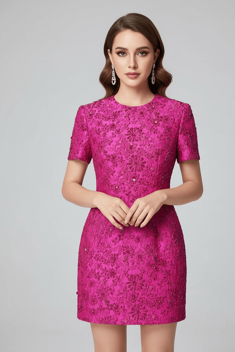 Fiorella Jacquard Beaded Mini Dress by Luxe Lane | Mini gown from Luxe Lane | SKU:  | Barcode:  | Options: Rose red S | Woman wearing a pink lace dress on a gray background