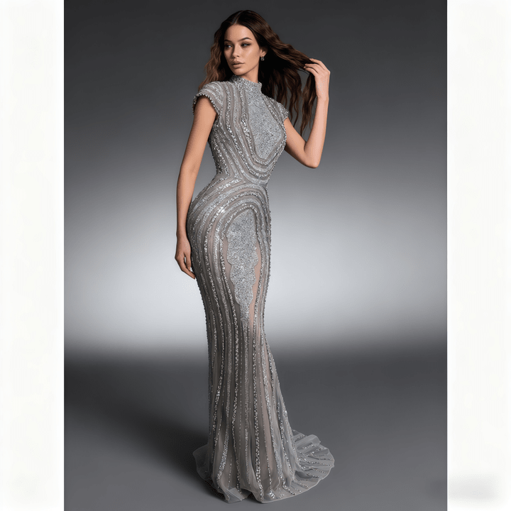 High-Neck Lace Bodycon Floor-Length Evening Dress | Luxe Lane gray / UK12 High-Neck Lace Bodycon Floor-Length Evening Dress | Luxe Lane gray / UK12