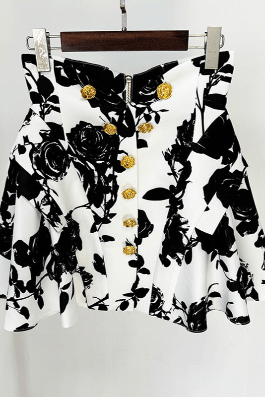 Flora Bloom Buckle A - Line Mini Skirt by Luxe Lane | from Luxe Lane | SKU:  | Barcode:  | Options: Black S | 2025 Fashion Women Summer Clothes Manufacturer Flower Metal Buckle Skirt Floral Printed Mini Skirts for Women