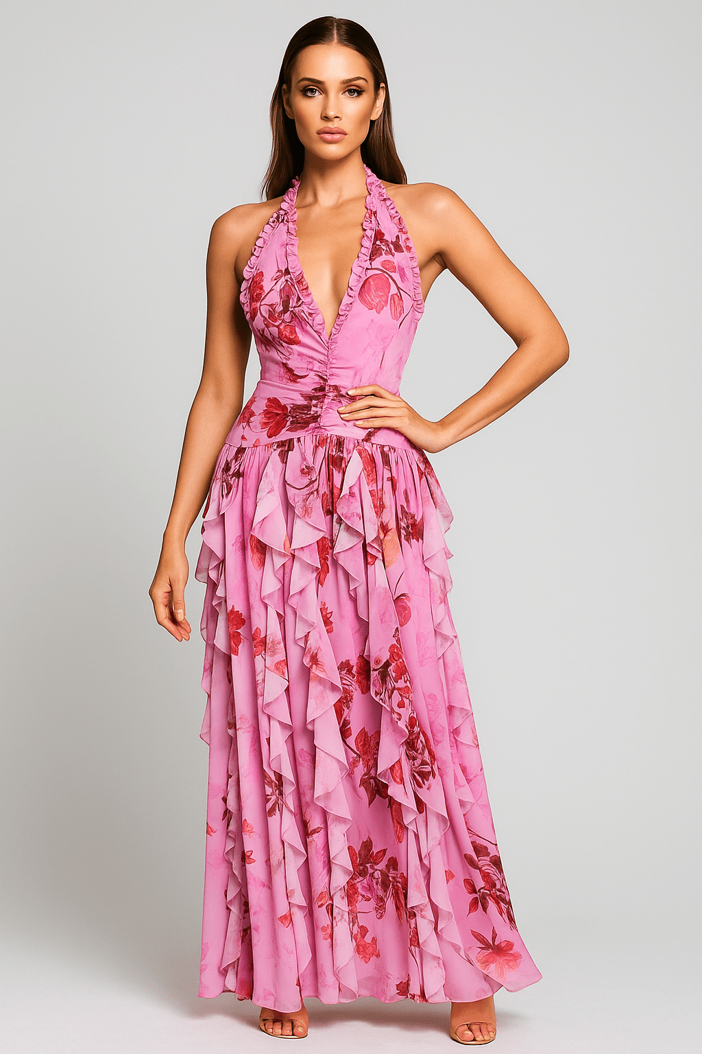 Flora Mirage Halter Maxi Gown by Luxe Lane | Dresses from Luxe Lane | SKU:  | Barcode:  | Options: Dark Pink S | Flora Mirage Halter Maxi Gown