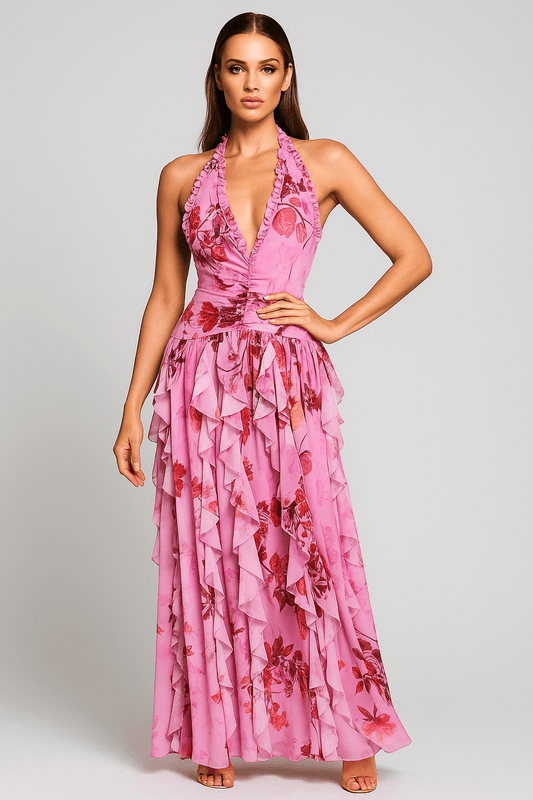 Flora Mirage Halter Maxi Gown by Luxe Lane | Dresses from Luxe Lane | SKU:  | Barcode:  | Options: Dark Pink S | Flora Mirage Halter Maxi Gown