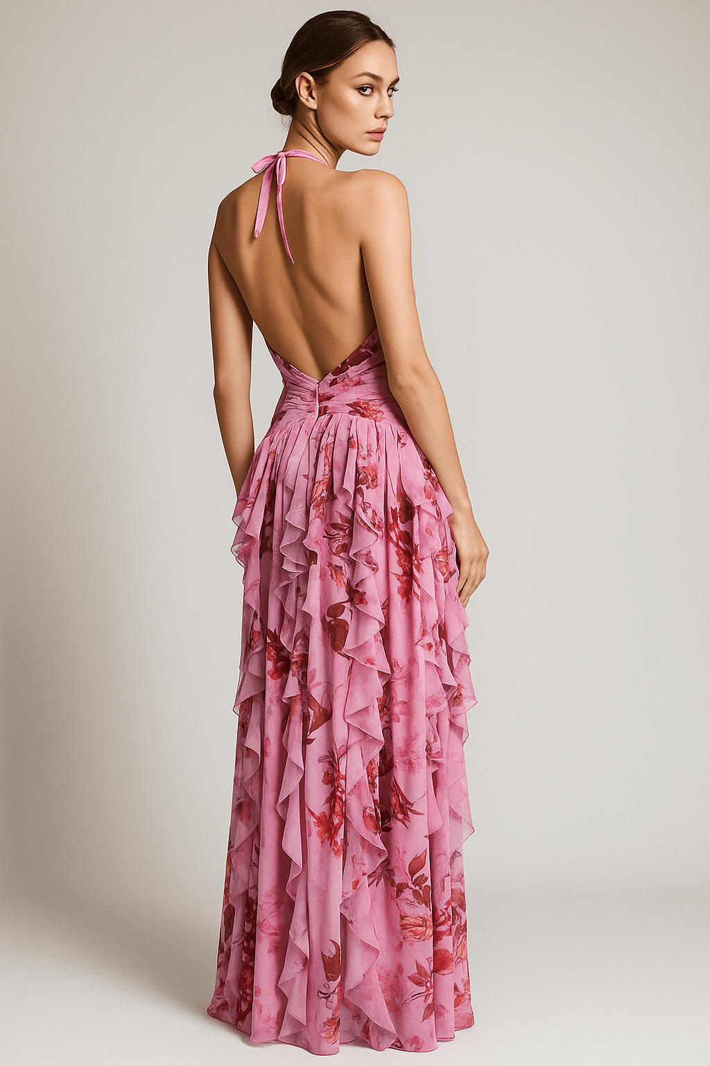 Flora Mirage Halter Maxi Gown by Luxe Lane | Dresses from Luxe Lane | SKU:  | Barcode:  | Options: Dark Pink S | Flora Mirage Halter Maxi Gown