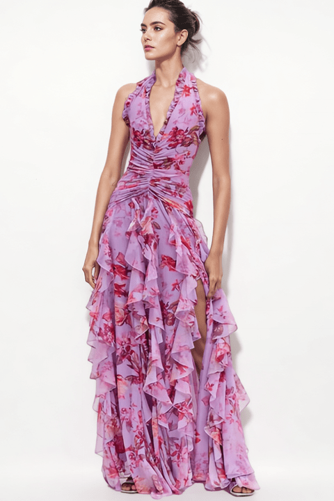 Flora Mirage Halter Maxi Gown by Luxe Lane | Dresses from Luxe Lane | SKU:  | Barcode:  | Options: Dark Pink S | Elegant Halter Neck Floral Ruffle Maxi Flower Dress Sleeveless Backless Slit Beach Holiday Party Long Gown Women Clothing