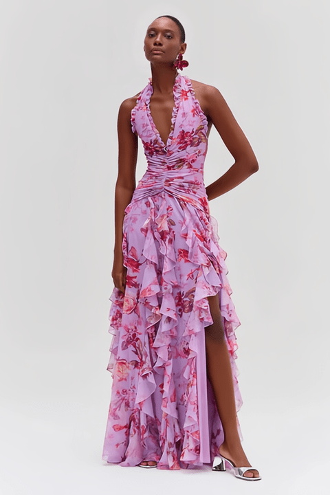 Flora Mirage Halter Maxi Gown by Luxe Lane | Dresses from Luxe Lane | SKU:  | Barcode:  | Options: Dark Pink S | Elegant Halter Neck Floral Ruffle Maxi Flower Dress Sleeveless Backless Slit Beach Holiday Party Long Gown Women Clothing