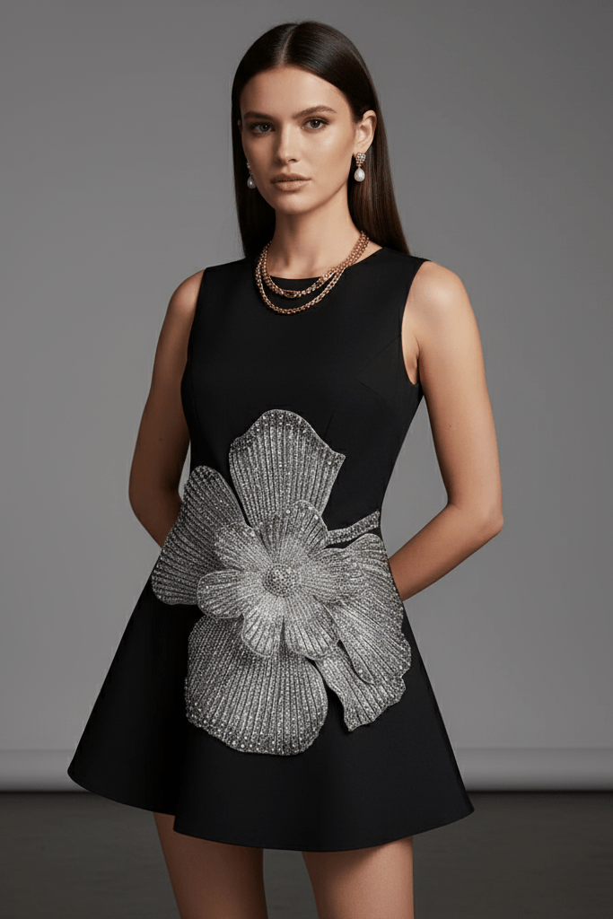 Floral Applique Mini Dress by Shine | Club Dresses from Luxe Lane | SKU: DK160-1 | Barcode:  | Options: Black S(6) | Floral Applique Mini Dress