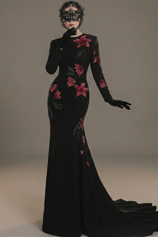 Floral Beaded Embroidered Mermaid Gown with Sweep Trainmermaid gownBlackS(2)Luxe Lane