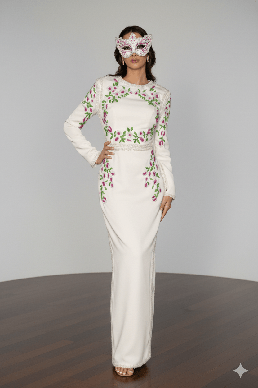 Floral Embroidered Long Sleeve Bodycon Maxi Evening Dress by Luxe Lane | Party dresses from Luxe Lane | SKU: W11638-1 | Barcode:  | Options: White S(2) | Woman wearing a white dress with floral patterns and a matching mask on a plain background