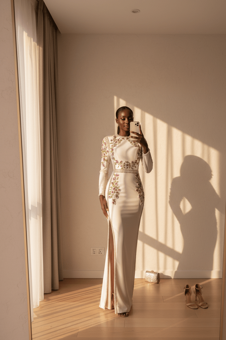 Floral Embroidered Long Sleeve Bodycon Maxi Evening Dress+Party dressesWhiteS(2)whiteLuxe Lane