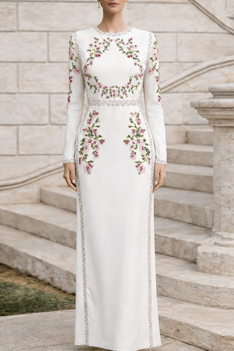 Floral Embroidered Long Sleeve Bodycon Maxi Evening Dress by Luxe Lane | Party dresses from Luxe Lane | SKU: W11638-1 | Barcode:  | Options: White S(2) | Wholesale OEM ODM Dropship Custom Floral Embroidered Long Sleeve Maxi Evening Dress Elegant Formal Women Bridal Guest Gown
