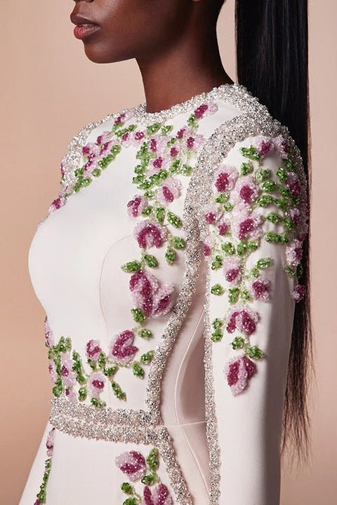 Floral Embroidered Long Sleeve Bodycon Maxi Evening Dress by Luxe Lane | Party dresses from Luxe Lane | SKU: W11638-1 | Barcode:  | Options: White S(2) | Wholesale OEM ODM Dropship Custom Floral Embroidered Long Sleeve Maxi Evening Dress Elegant Formal Women Bridal Guest Gown