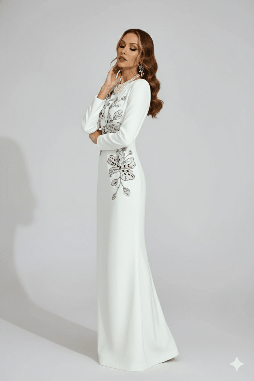 Floral Embroidered Long Sleeve Mermaid Evening Gown by Luxe Lane | Party dresses from Luxe Lane | SKU: W11304-1 | Barcode:  | Options: White S(6) | Woman wearing a white evening gown with silver embroidery on a gray background