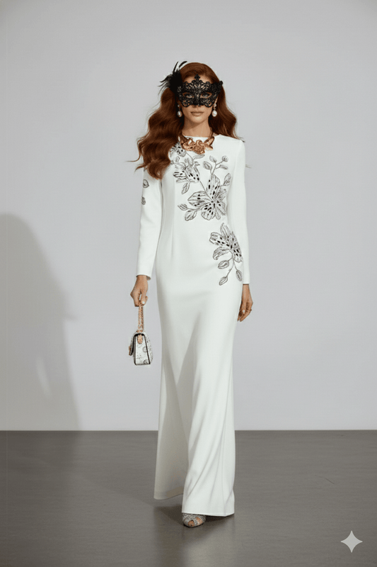 Floral Embroidered Long Sleeve Mermaid Evening Gown by Luxe Lane | Party dresses from Luxe Lane | SKU: W11304-1 | Barcode:  | Options: White S(6) | Woman wearing a white dress with black floral embroidery and a matching mask against a plain background