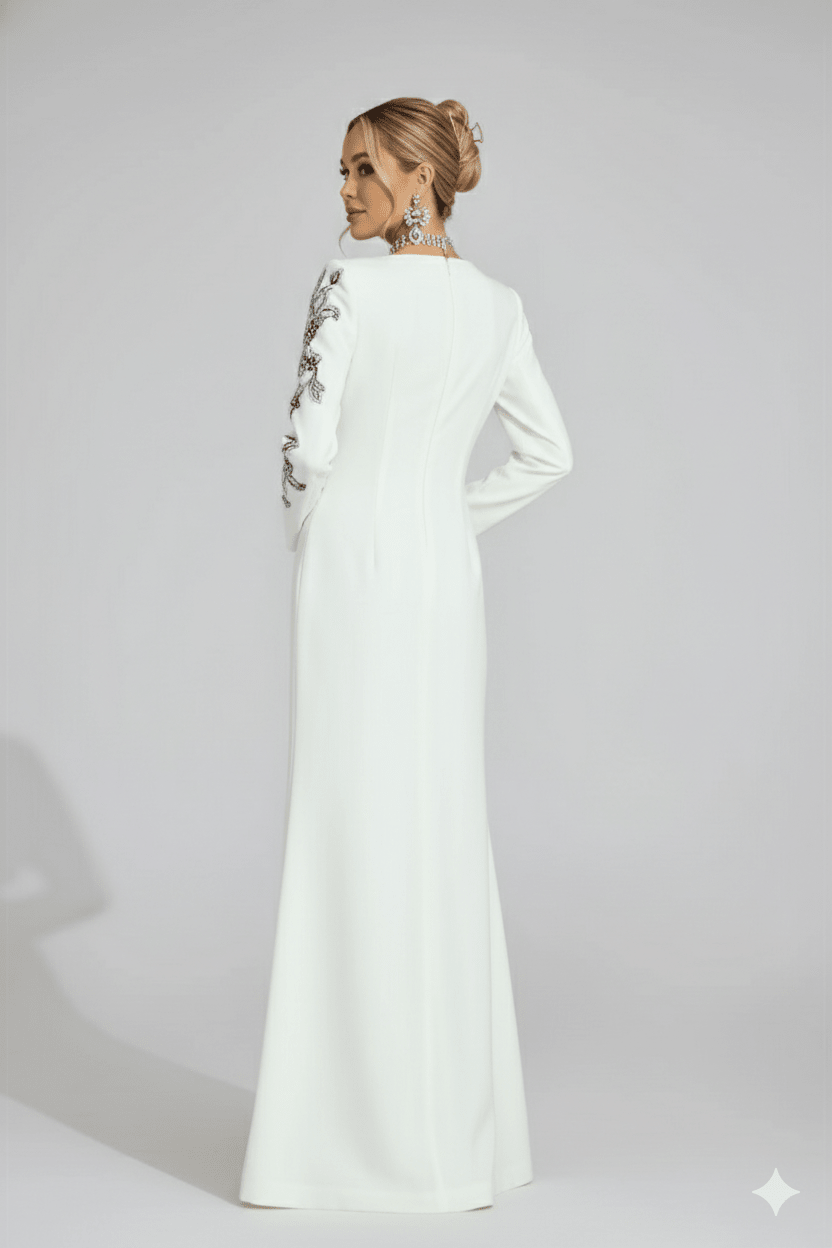 Floral Embroidered Long Sleeve Mermaid Evening Gown by Luxe Lane | Party dresses from Luxe Lane | SKU: W11304-1 | Barcode:  | Options: White S(6) | Floral Embroidered Long Sleeve Mermaid Evening Gown