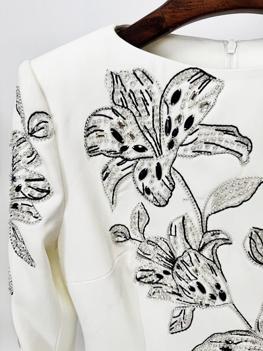 Floral Embroidered Long Sleeve Mermaid Evening Gown by Luxe Lane | Party dresses from Luxe Lane | SKU: W11304-1 | Barcode:  | Options: White S(6) | Elegant White Mermaid Evening Gown Black Floral Embroidery Long Sleeve Formal Maxi Dress for Weddings Banquets Red Carpet Events