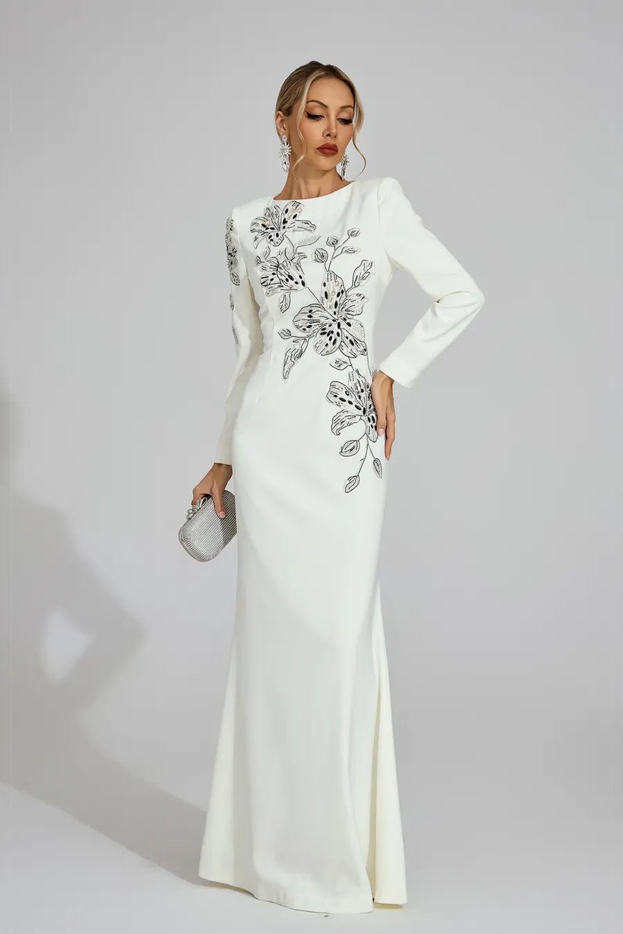 Floral Embroidered Long Sleeve Mermaid Evening Gown by Luxe Lane | Party dresses from Luxe Lane | SKU: W11304-1 | Barcode:  | Options: White S(6) | Floral Embroidered Long Sleeve Mermaid Evening Gown