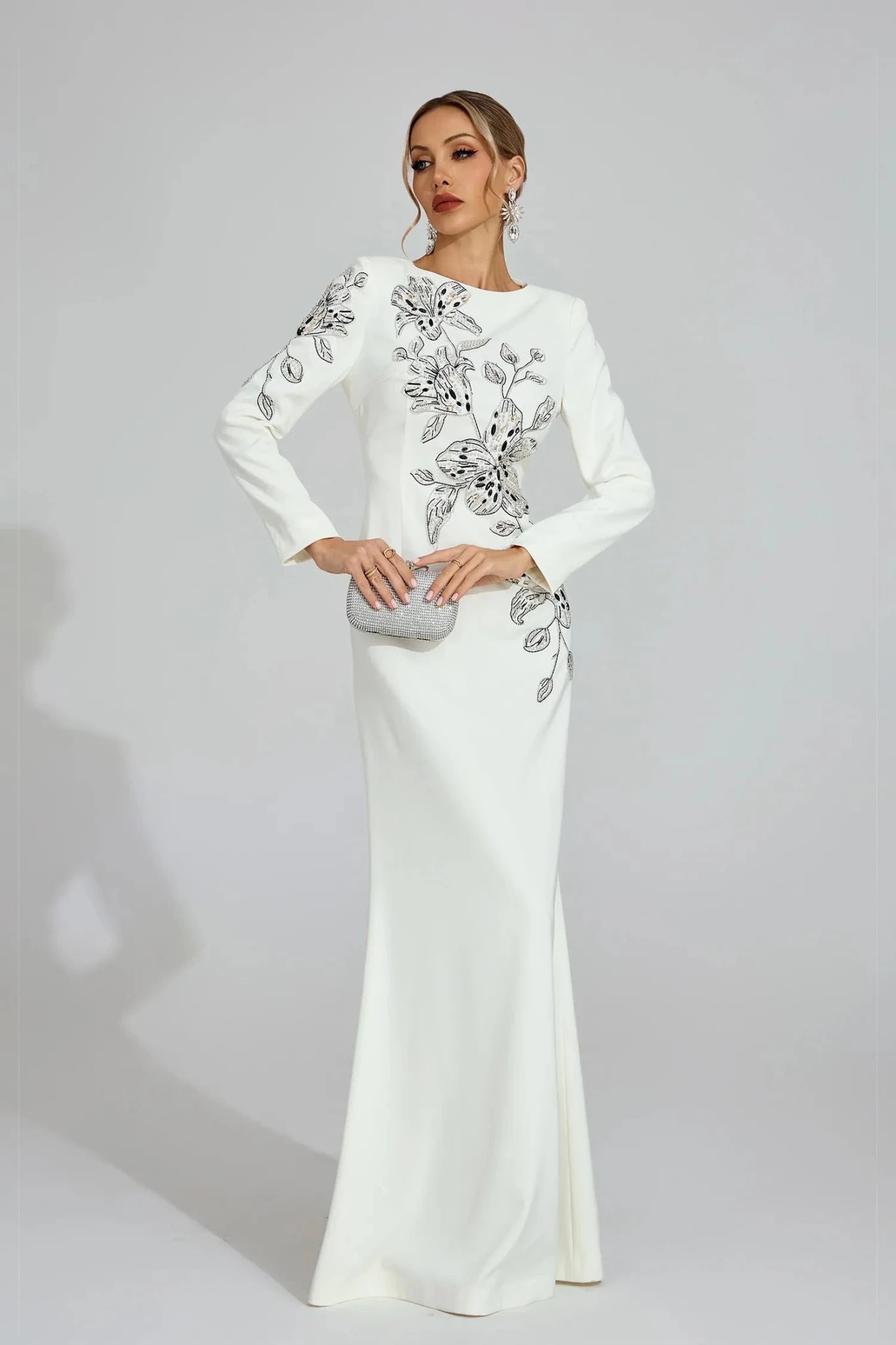 Floral Embroidered Long Sleeve Mermaid Evening Gown by Luxe Lane | Party dresses from Luxe Lane | SKU: W11304-1 | Barcode:  | Options: White S(6) | Floral Embroidered Long Sleeve Mermaid Evening Gown