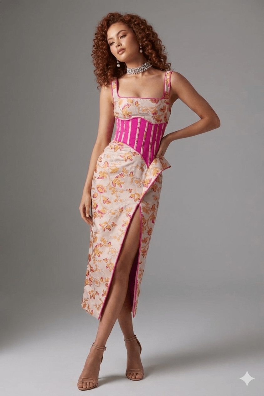 Floral Embroidered Strapless Maxi Party Dress by Shine | Party dresses from Luxe Lane | SKU:  | Barcode:  | Options: Rose red XS(4) | Woman wearing a floral dress with a pink bodice on a gray background