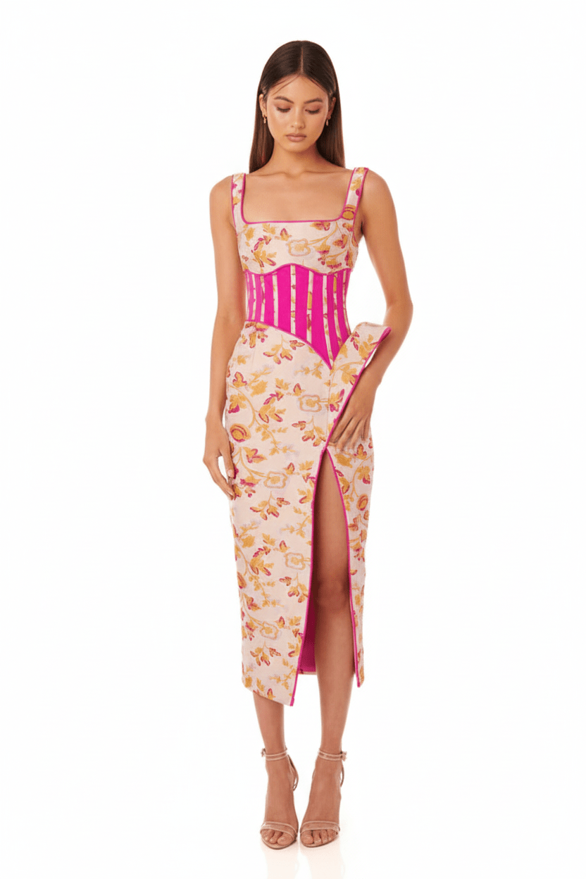 Floral Embroidered Strapless Maxi Party Dress by Shine | Party dresses from Luxe Lane | SKU:  | Barcode:  | Options: Rose red XS(4) | Floral Embroidered Strapless Maxi Party Dress