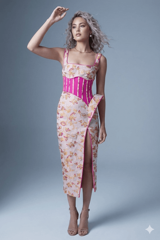 Floral Embroidered Strapless Maxi Party Dress by Shine | Party dresses from Luxe Lane | SKU:  | Barcode:  | Options: Rose red XS(4) | Woman wearing a floral dress with a pink corset - style top on a gray background