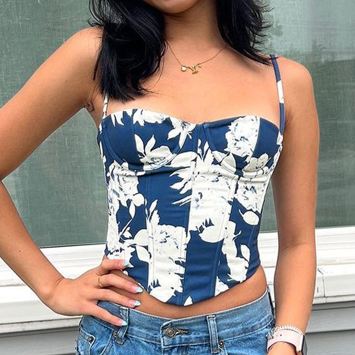 Floral Print Corset Top by Luxe Lane | from Luxe Lane | SKU:  | Barcode:  | Options: XS | High Quality Corset Tops 2025 Blue White Floral Print Short Corset De Mujer Tops for Ladies