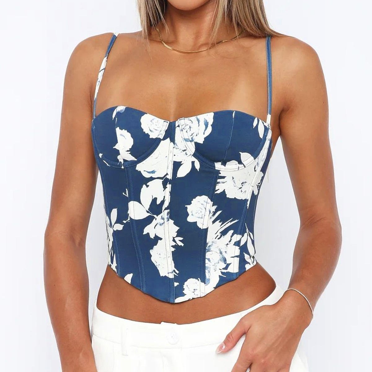 Floral Print Corset Top by Luxe Lane | from Luxe Lane | SKU:  | Barcode:  | Options: XS | High Quality Corset Tops 2025 Blue White Floral Print Short Corset De Mujer Tops for Ladies
