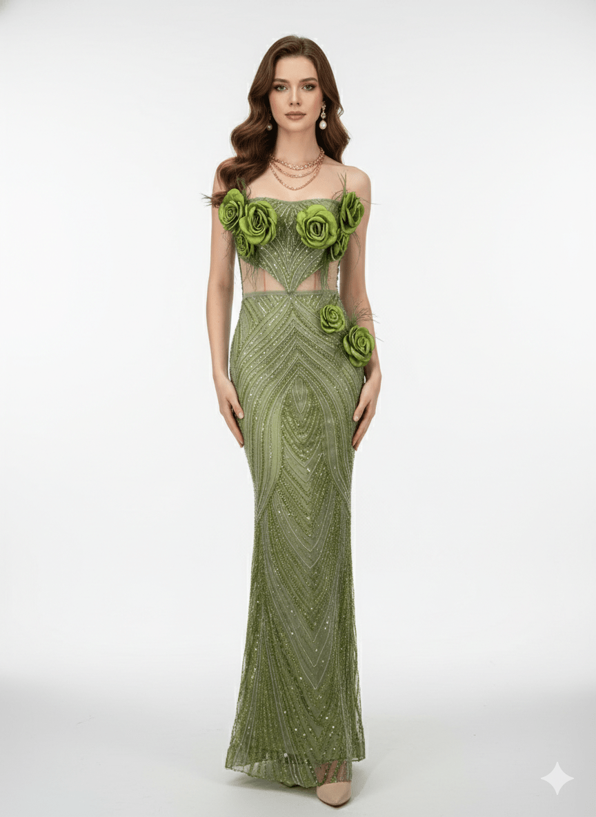 Floral Rhinestone Sheer Mesh Mermaid Maxi Evening Gownmermaid gownGreenS(2)Luxe Lane