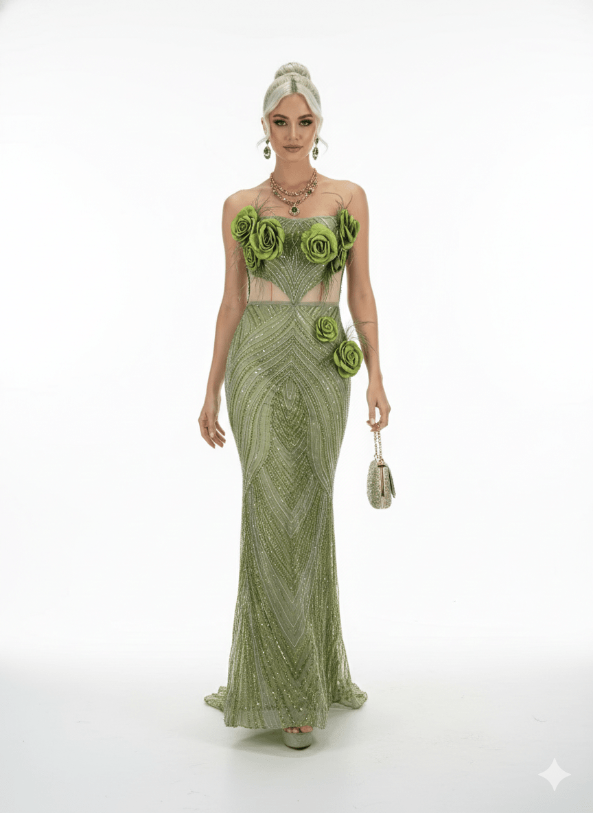 Floral Rhinestone Sheer Mesh Mermaid Maxi Evening Gownmermaid gownGreenS(2)Luxe Lane
