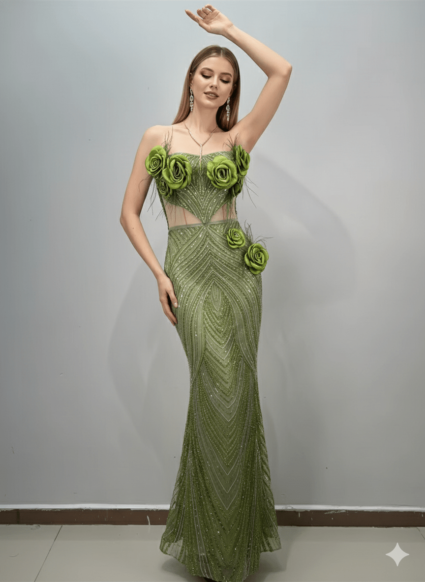 Floral Rhinestone Sheer Mesh Mermaid Maxi Evening Gownmermaid gownGreenS(2)Luxe Lane