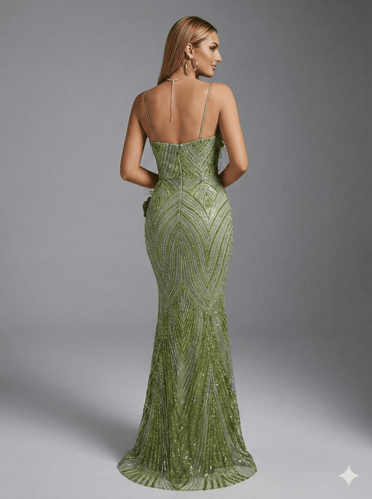 Floral Rhinestone Sheer Mesh Mermaid Maxi Evening Gownmermaid gownGreenS(2)Luxe Lane
