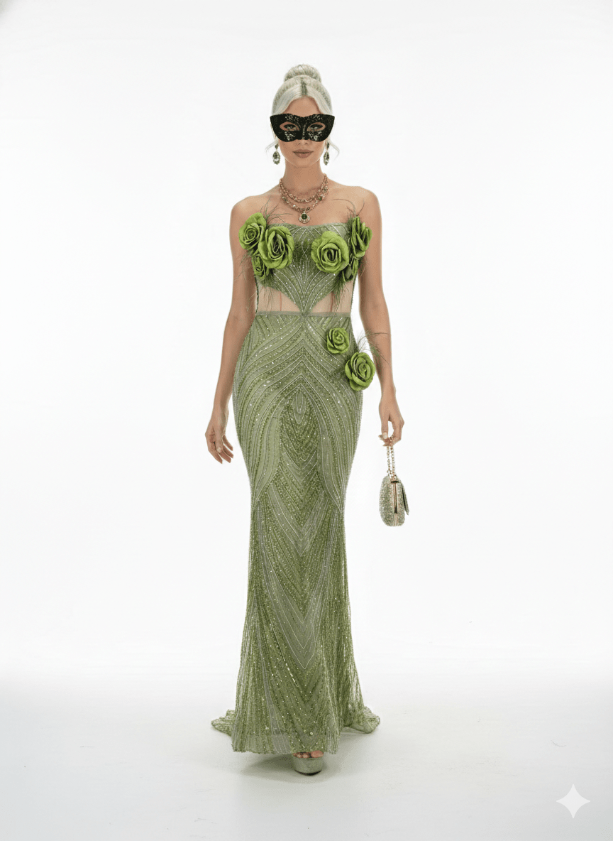 Floral Rhinestone Sheer Mesh Mermaid Maxi Evening Gownmermaid gownGreenS(2)Luxe Lane