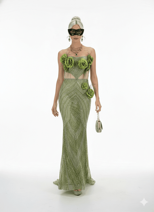 Floral Rhinestone Sheer Mesh Mermaid Maxi Evening Gownmermaid gownGreenS(2)Luxe Lane