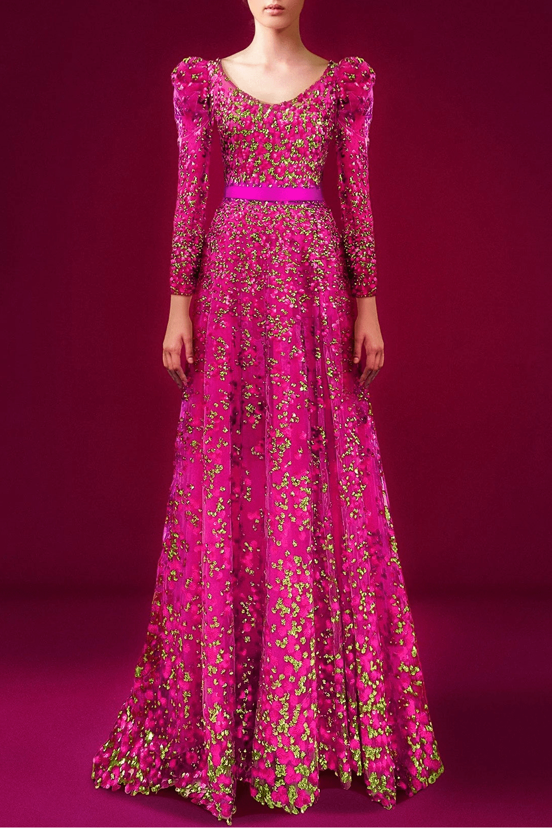 Floral Sequin Long Sleeve Party Gown with Belt by Luxe Lane | from Luxe Lane | SKU: -1 | Barcode:  | Options: Rose red S(2) | Model wearing a pink floral evening gown against a red background