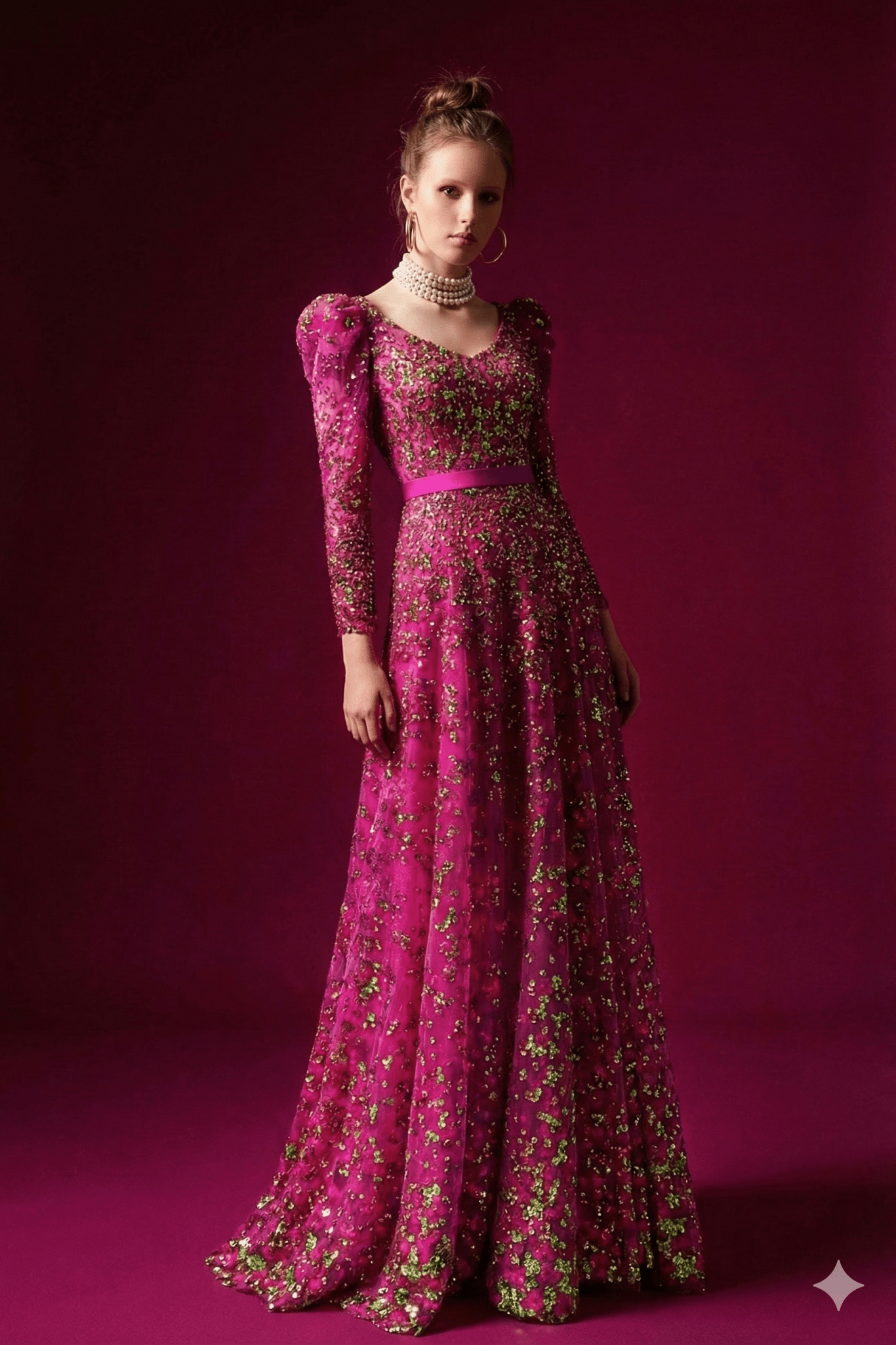 Floral Sequin Long Sleeve Party Gown with Belt by Luxe Lane | from Luxe Lane | SKU: -1 | Barcode:  | Options: Rose red S(2) | Woman wearing a pink floral evening gown against a purple background