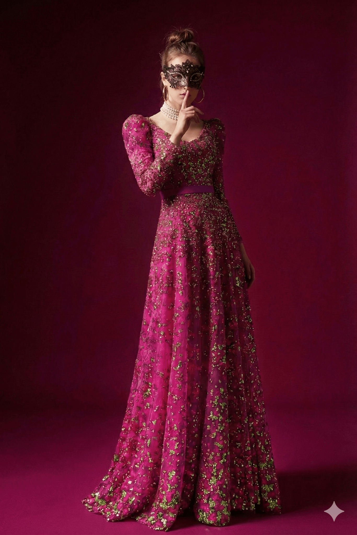 Floral Sequin Long Sleeve Party Gown with Belt by Luxe Lane | from Luxe Lane | SKU: -1 | Barcode:  | Options: Rose red S(2) | Woman in a long, floral - patterned dress with a matching mask against a purple background