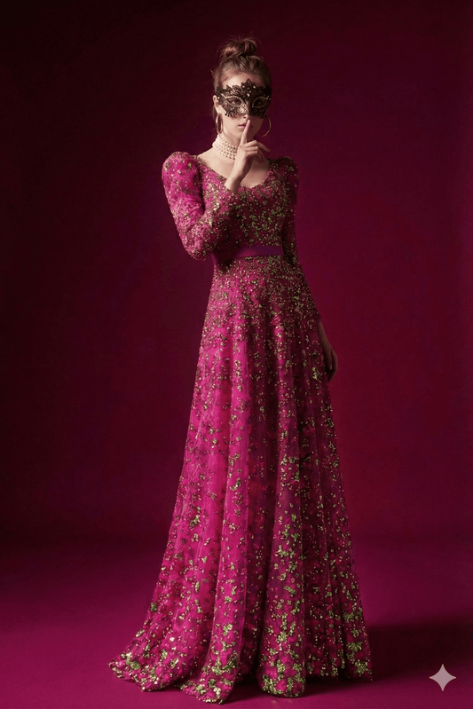 Floral Sequin Long Sleeve Party Gown with Belt by Luxe Lane | from Luxe Lane | SKU: -1 | Barcode:  | Options: Rose red S(2) | Woman in a long, floral - patterned dress with a matching mask against a purple background