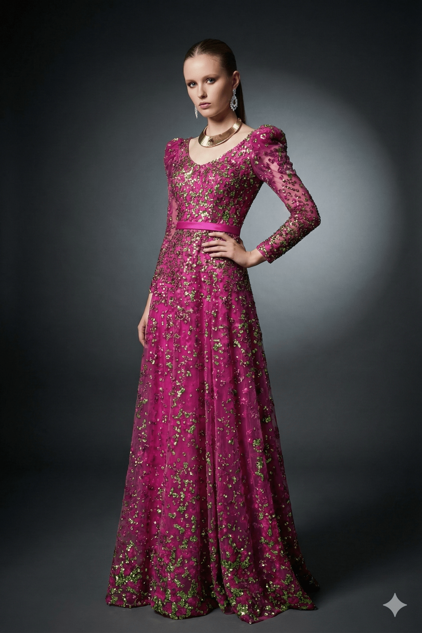 Floral Sequin Long Sleeve Party Gown with Belt by Luxe Lane | from Luxe Lane | SKU: -1 | Barcode:  | Options: Rose red S(2) | Woman wearing a long, floral - patterned dress with a pink belt against a dark background