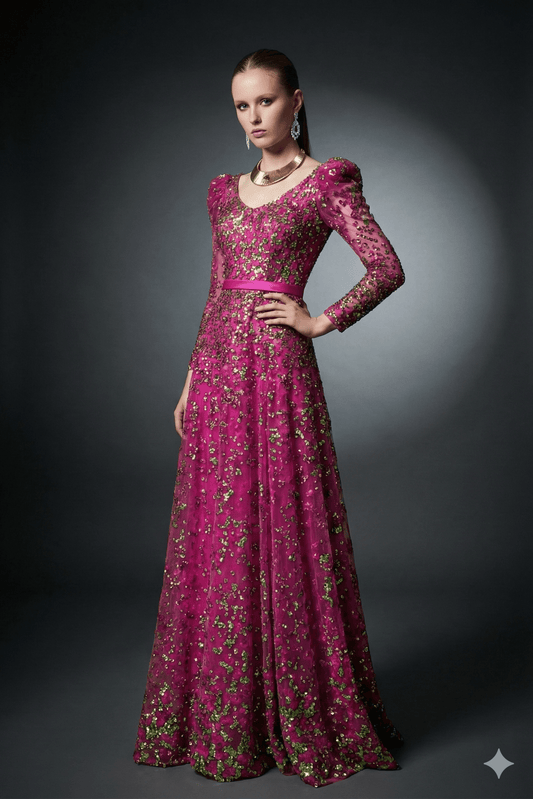 Floral Sequin Long Sleeve Party Gown with Belt by Luxe Lane | from Luxe Lane | SKU: -1 | Barcode:  | Options: Rose red S(2) | Woman wearing a long, floral - patterned dress with a pink belt against a dark background