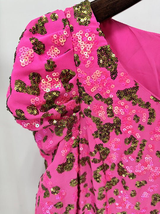 Floral Sequin Long Sleeve Party Gown with Belt by Luxe Lane | from Luxe Lane | SKU: -1 | Barcode:  | Options: Rose red S(2) | Evening Parties Weddings Gala Long Sleeve Party Dress Elegant Vibrant Fuchsia Floral Sequin Puff Sleeve Formal Gown With Belt