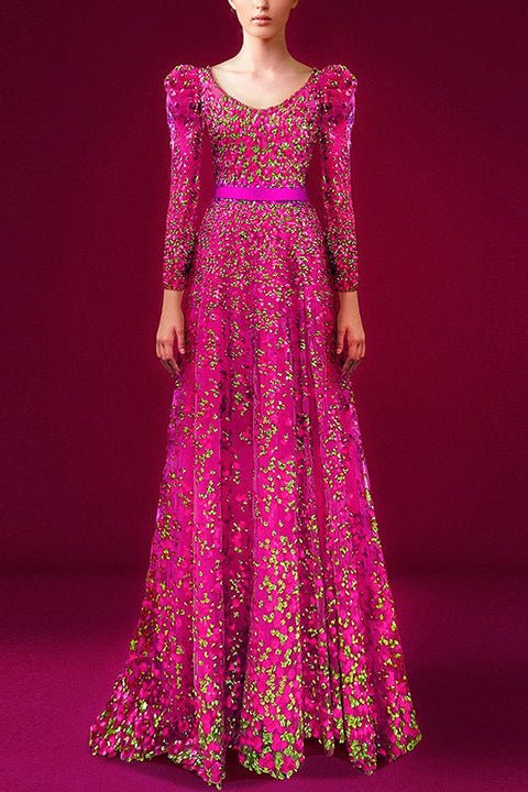 Floral Sequin Long Sleeve Party Gown with Belt by Luxe Lane | from Luxe Lane | SKU: -1 | Barcode:  | Options: Rose red S(2) | Evening Parties Weddings Gala Long Sleeve Party Dress Elegant Vibrant Fuchsia Floral Sequin Puff Sleeve Formal Gown With Belt