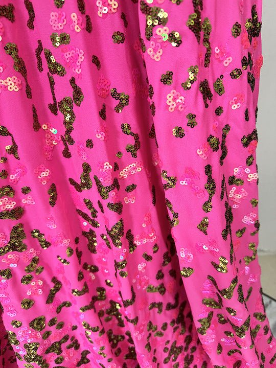 Floral Sequin Long Sleeve Party Gown with Belt by Luxe Lane | from Luxe Lane | SKU: -1 | Barcode:  | Options: Rose red S(2) | Evening Parties Weddings Gala Long Sleeve Party Dress Elegant Vibrant Fuchsia Floral Sequin Puff Sleeve Formal Gown With Belt