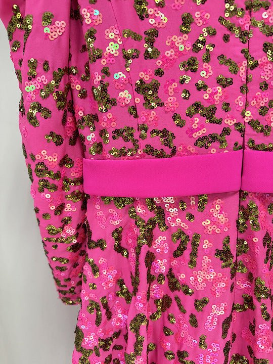 Floral Sequin Long Sleeve Party Gown with Belt by Luxe Lane | from Luxe Lane | SKU: -1 | Barcode:  | Options: Rose red S(2) | Evening Parties Weddings Gala Long Sleeve Party Dress Elegant Vibrant Fuchsia Floral Sequin Puff Sleeve Formal Gown With Belt