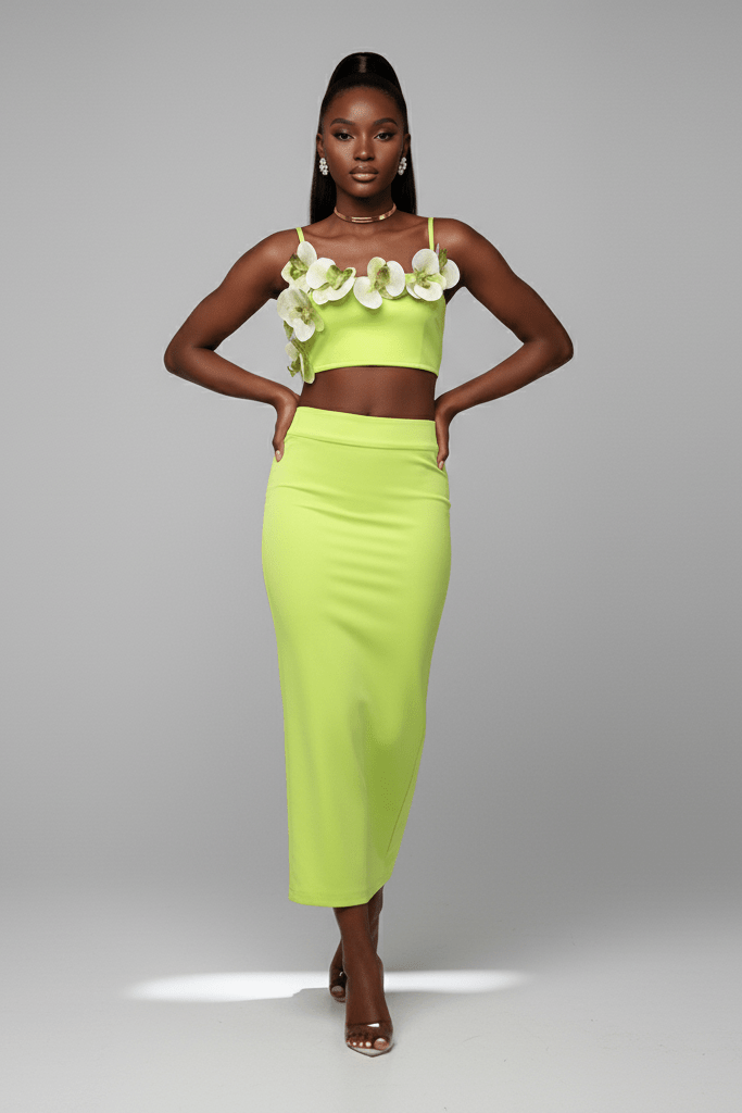 Floral Two - Piece Maxi Skirt Set by Shine | from Luxe Lane | SKU: -1 | Barcode:  | Options: Light green S(6) | Floral Two - Piece Maxi Skirt Set