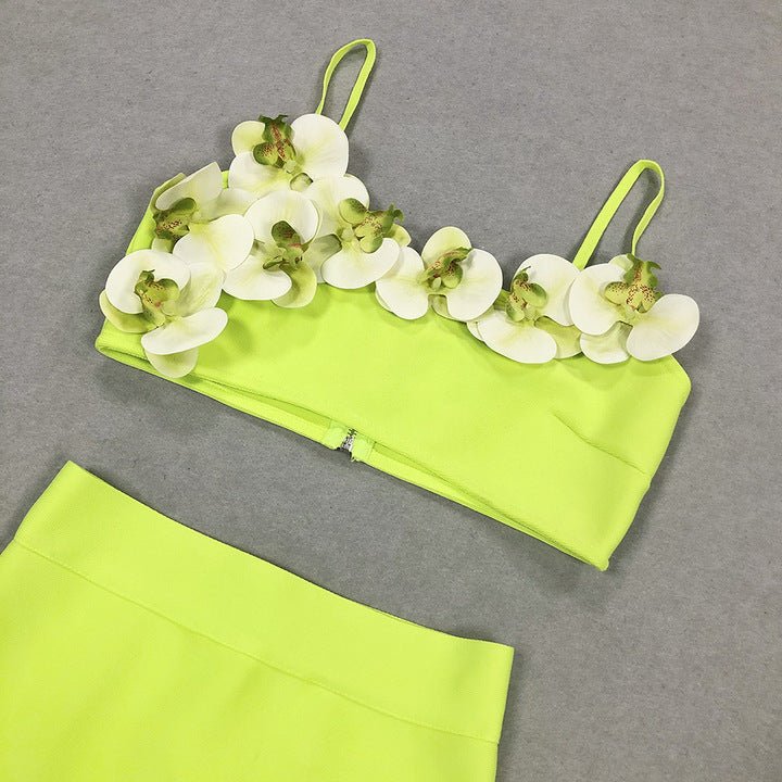 Floral Two - Piece Maxi Skirt Set by Shine | from Luxe Lane | SKU: -1 | Barcode:  | Options: Light green S(6) | Wholesale Womens Clothing Green Maxi Dress Two Piece Set Women's Skirt Sets Summer Dresses With 3D Flowers