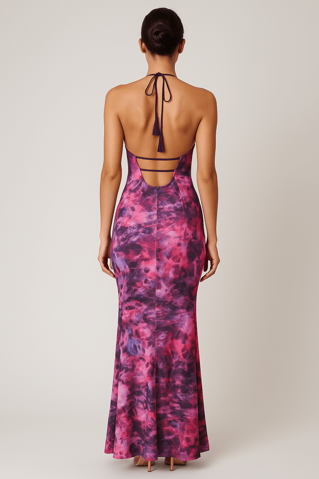 Floravie Halter Backless Floral Mesh Gown by Luxe Lane | from Luxe Lane | SKU:  | Barcode:  | Options: Purple XS | Floravie Halter Backless Floral Mesh Gown