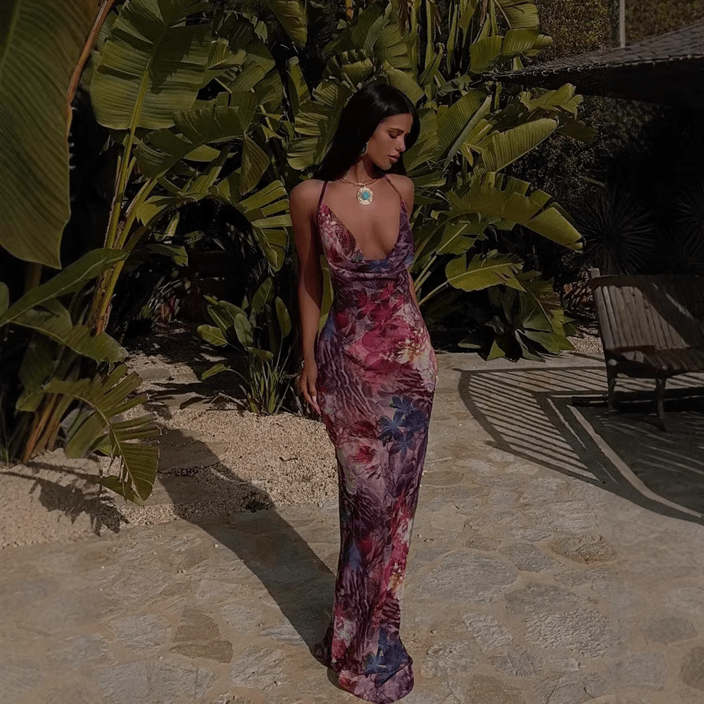 Floravie Halter Backless Floral Mesh Gown by Luxe Lane | from Luxe Lane | SKU:  | Barcode:  | Options: Purple XS | Floravie Halter Backless Floral Mesh Gown